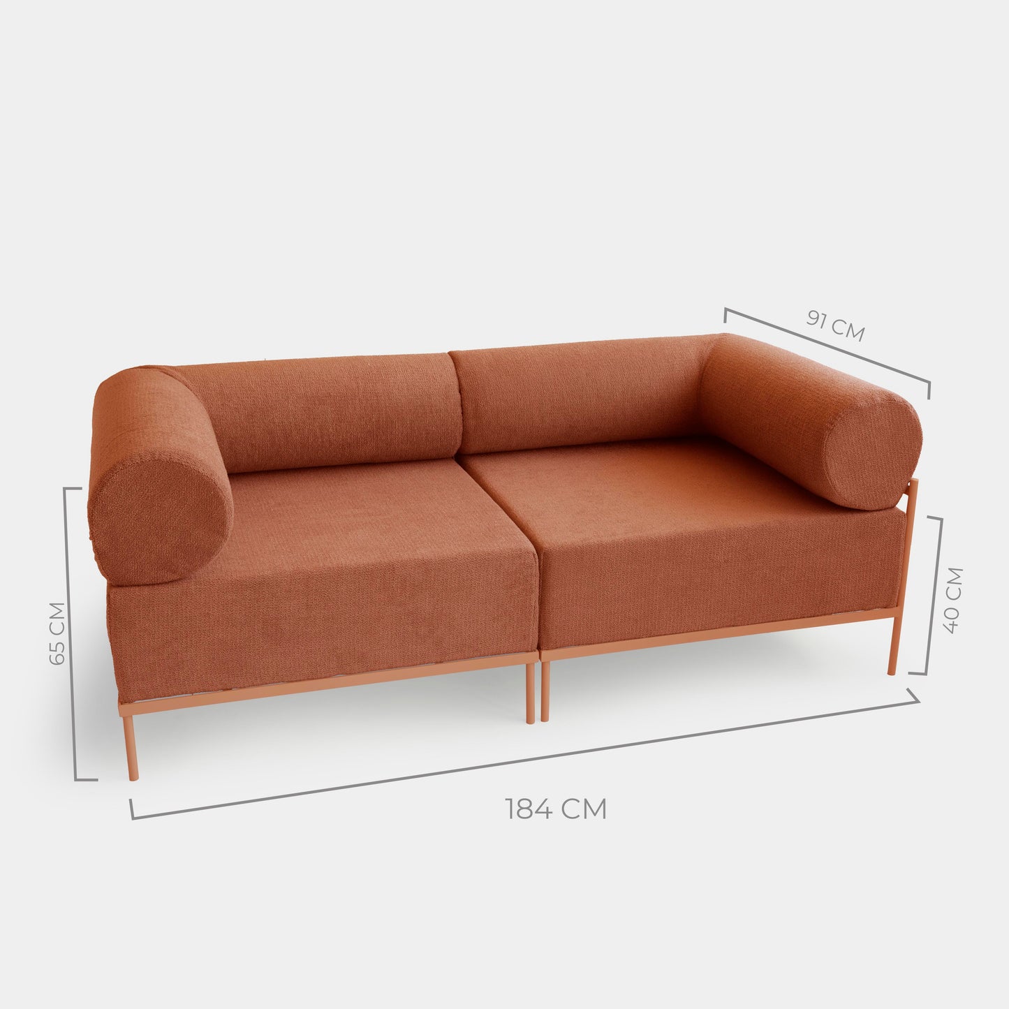 Modular Sofa Drop Aluminum Terracotta Color Seat Upholstered in Terracotta Loop Fabric - 2 Modules
