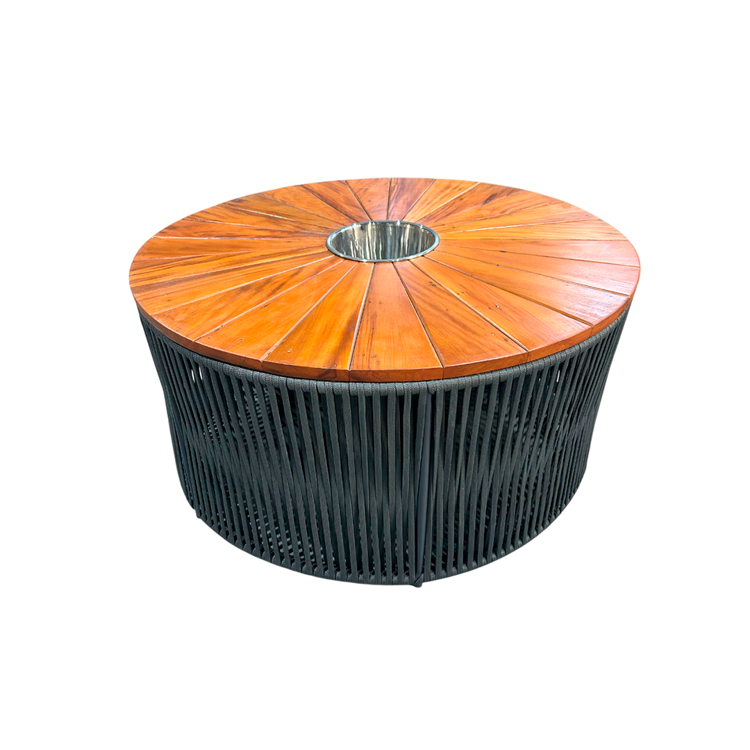 Mesa De Centro Gold 100cm Com Champanheira Tampo Ripado Formato Pizza Em Madeira Maciça Peroba-Rosa Base de Alumínio e Corda Náutica Cor Cinza