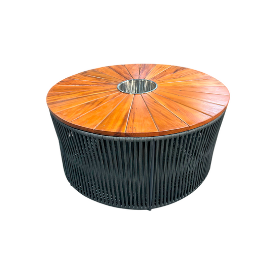 Mesa De Centro Gold 100cm Com Champanheira Tampo Ripado Formato Pizza Em Madeira Maciça Peroba-Rosa Base de Alumínio e Corda Náutica Cor Cinza