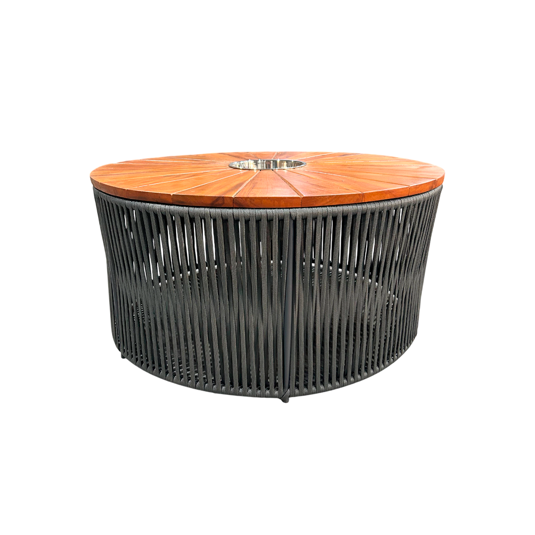 Mesa De Centro Gold 100cm Com Champanheira Tampo Ripado Formato Pizza Em Madeira Maciça Peroba-Rosa Base de Alumínio e Corda Náutica Cor Cinza