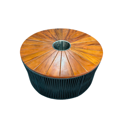 Mesa De Centro Gold 100cm Com Champanheira Tampo Ripado Formato Pizza Em Madeira Maciça Peroba-Rosa Base de Alumínio e Corda Náutica Cor Cinza