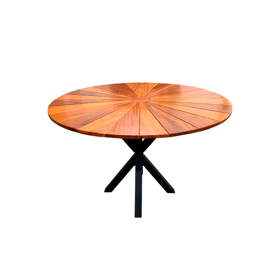 Mesa Redonda 110cm Tampo Ripado Pizza Madeira Maciça Peroba-rosa s/ Borda Alumínio Base Star Alumínio Cor Preta