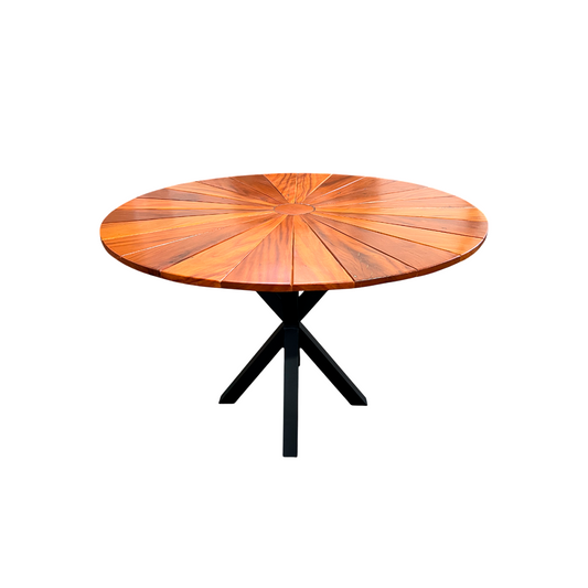 Mesa Redonda 110cm Tampo Ripado Pizza Madeira Maciça Peroba-rosa s/ Borda Alumínio Base Star Alumínio Cor Preta