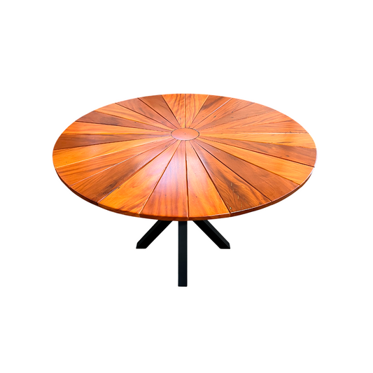 Mesa Redonda 110cm Tampo Ripado Pizza Madeira Maciça Peroba-rosa s/ Borda Alumínio Base Star Alumínio Cor Preta