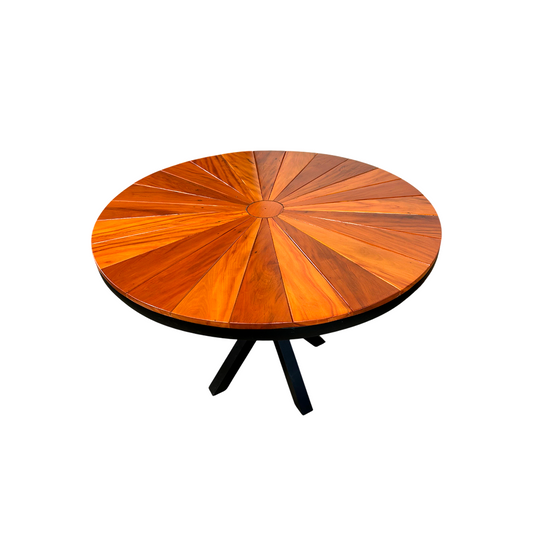 Mesa Redonda 110cm Tampo Ripado Pizza Madeira Maciça Peroba-rosa Base Star Alumínio Cor Preta
