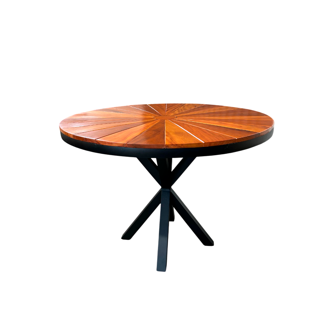 Mesa Redonda 110cm Tampo Ripado Pizza Madeira Maciça Peroba-rosa Base Star Alumínio Cor Preta