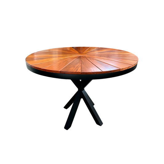 Mesa Redonda 110cm Tampo Ripado Pizza Madeira Maciça Peroba-rosa Base Star Alumínio Cor Preta