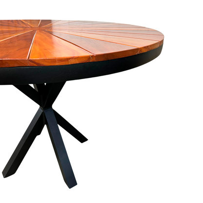 Mesa Redonda 110cm Tampo Ripado Pizza Madeira Maciça Peroba-rosa Base Star Alumínio Cor Preta