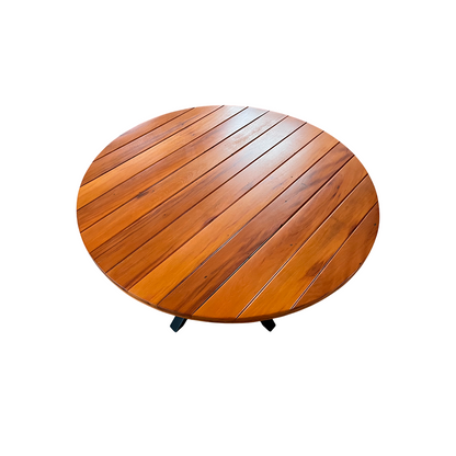 Mesa Redonda 120cm Tampo Frisado Madeira Maciça Peroba-rosa s/ Borda Alumínio Base Star Alumínio Cor Preta