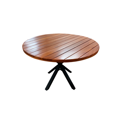 Mesa Redonda 120cm Tampo Frisado Madeira Maciça Peroba-rosa s/ Borda Alumínio Base Star Alumínio Cor Preta