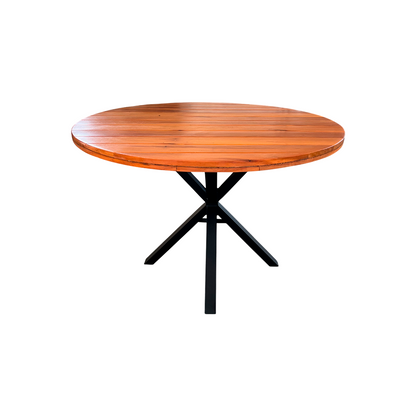 Mesa Redonda 120cm Tampo Frisado Madeira Maciça Peroba-rosa s/ Borda Alumínio Base Star Alumínio Cor Preta