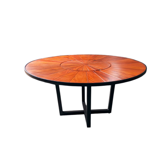 Mesa redonda Sophia 160 cm tapa de madera con placa giratoria base de aluminio negro