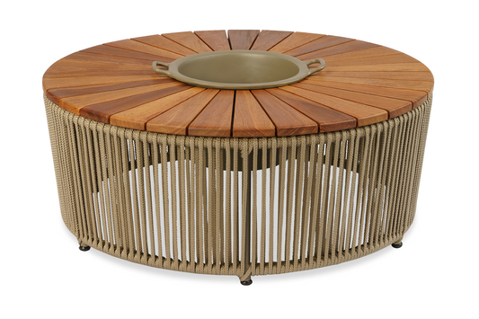 Mesa De Centro Gold 100cm Com Champanheira Tampo Ripado Formato Pizza Em Madeira Maciça Peroba-Rosa Base de Alumínio e Corda Náutica