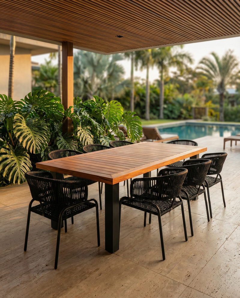 Mesa Nero Madeira 180x90cm Tampo Frisado Base Alumínio