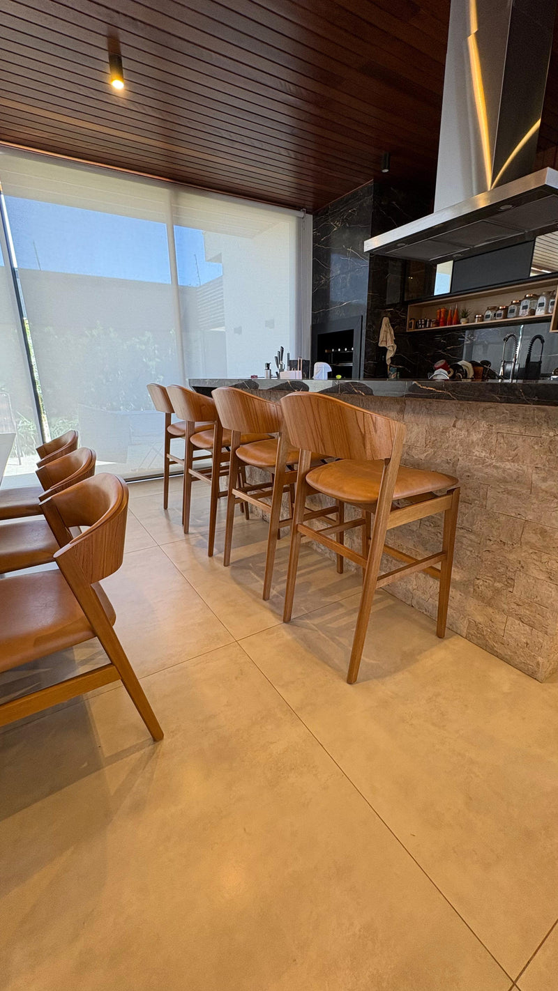 Porto Wooden Stool Upholstered Seat Linen Fabric Beige 001A