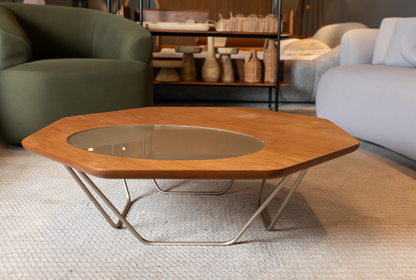 Mesa de Centro Octo Madeira Carvalho Aço Champagne Tamanho P