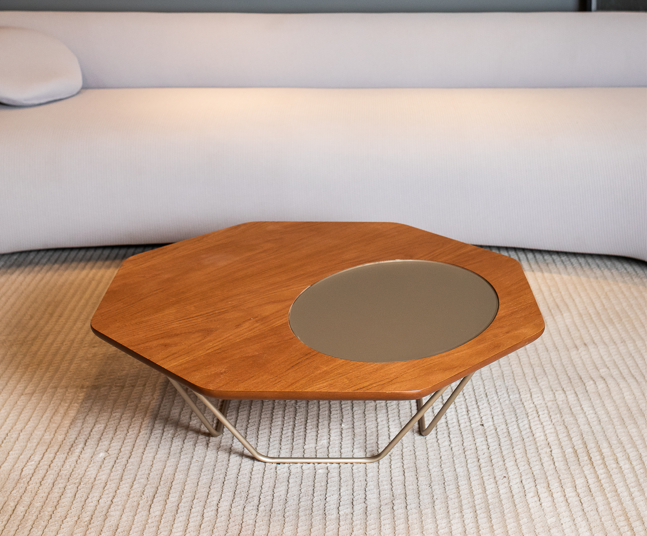 Mesa de Centro Octo Madeira Carvalho Aço Champagne Tamanho P