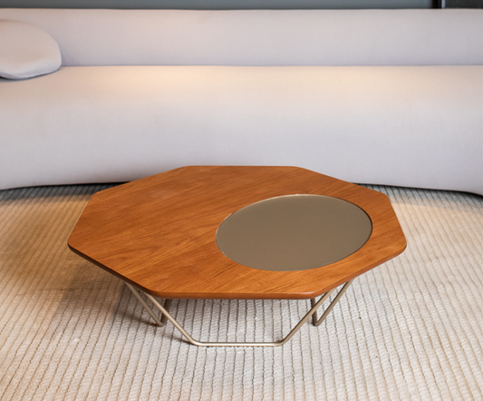 Mesa de Centro Octo Madeira Carvalho Aço Champagne Tamanho P