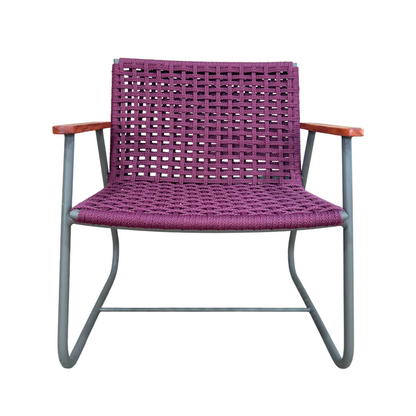 Poltrona Senna com Braço Alumínio Preto Corda Náutica Vinho Malha Quadriculada