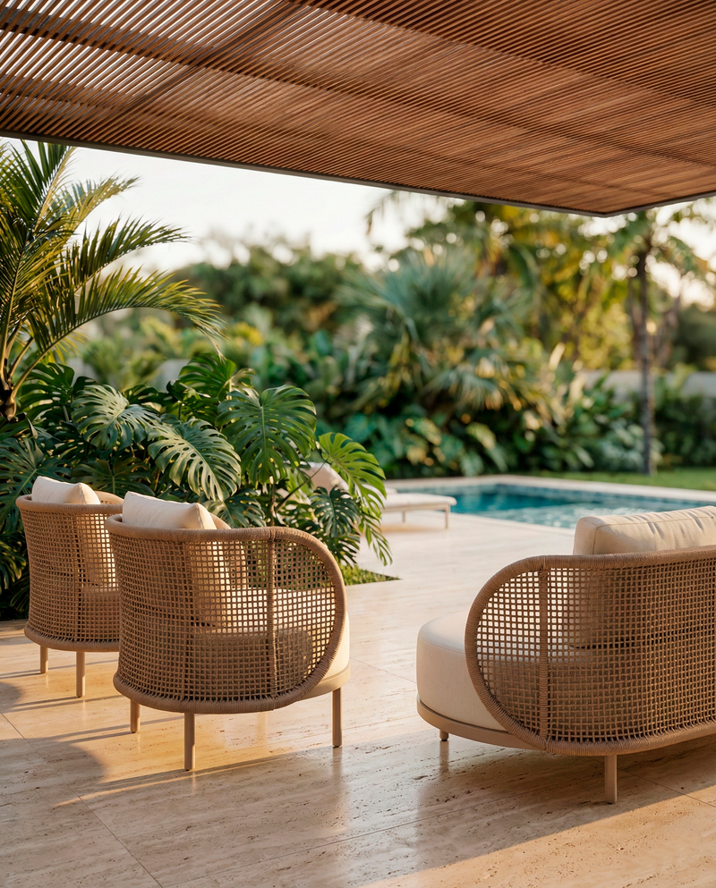 Poltrona Omã Base Alumínio Cor Fendi Corda Náutica Bege Assento e Encosto Estofado