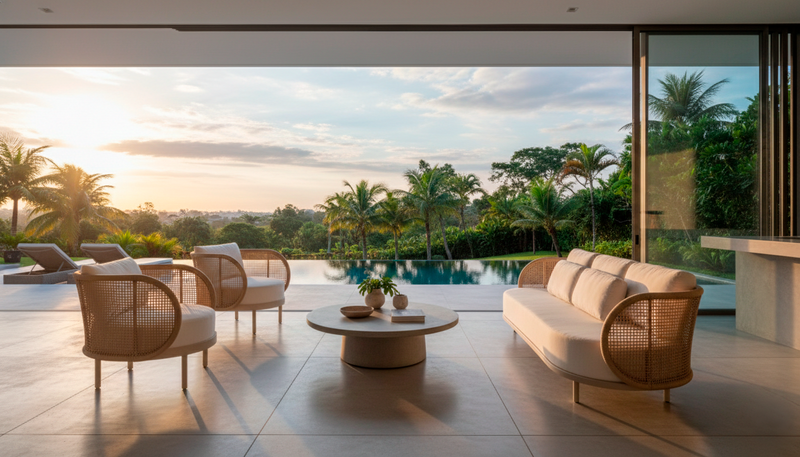 Poltrona Omã Base Alumínio Cor Fendi Corda Náutica Bege Assento e Encosto Estofado