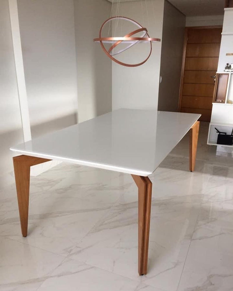Mesa de Jantar Mari Madeira Cor Jequitibá BN Tampo Vidro Off White 220x110cm