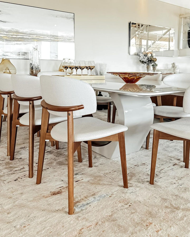 Mesa de Jantar Cannes Laca Cor Branco Detalhe em Madeira Tampo Vidro Branco 240x120cm