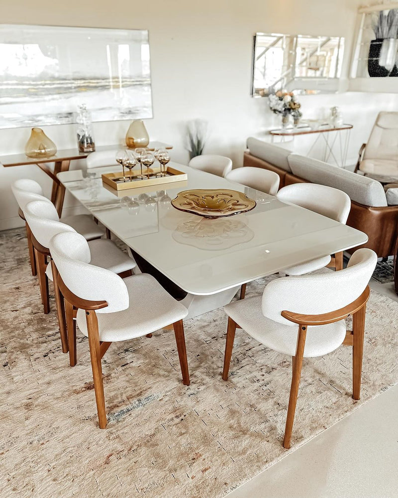 Mesa de Jantar Cannes Laca Cor Branco Detalhe em Madeira Tampo Vidro Branco 240x120cm