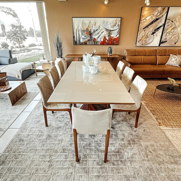 Ambiente 3 com Mesa de Jantar Vitara Madeira Cor Cinamomo 58 Tampo Vidro Branco 240x120cm