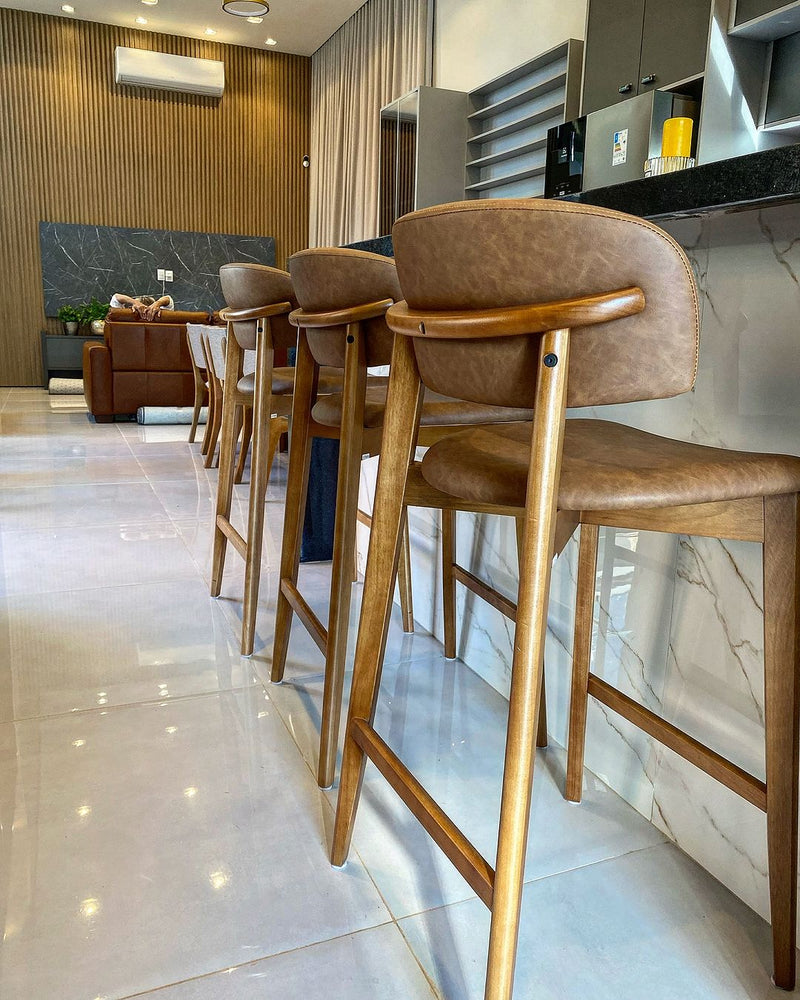 Monic Almond Wood Stool Upholstered Backrest and Seat in Leatherette Fabric 534