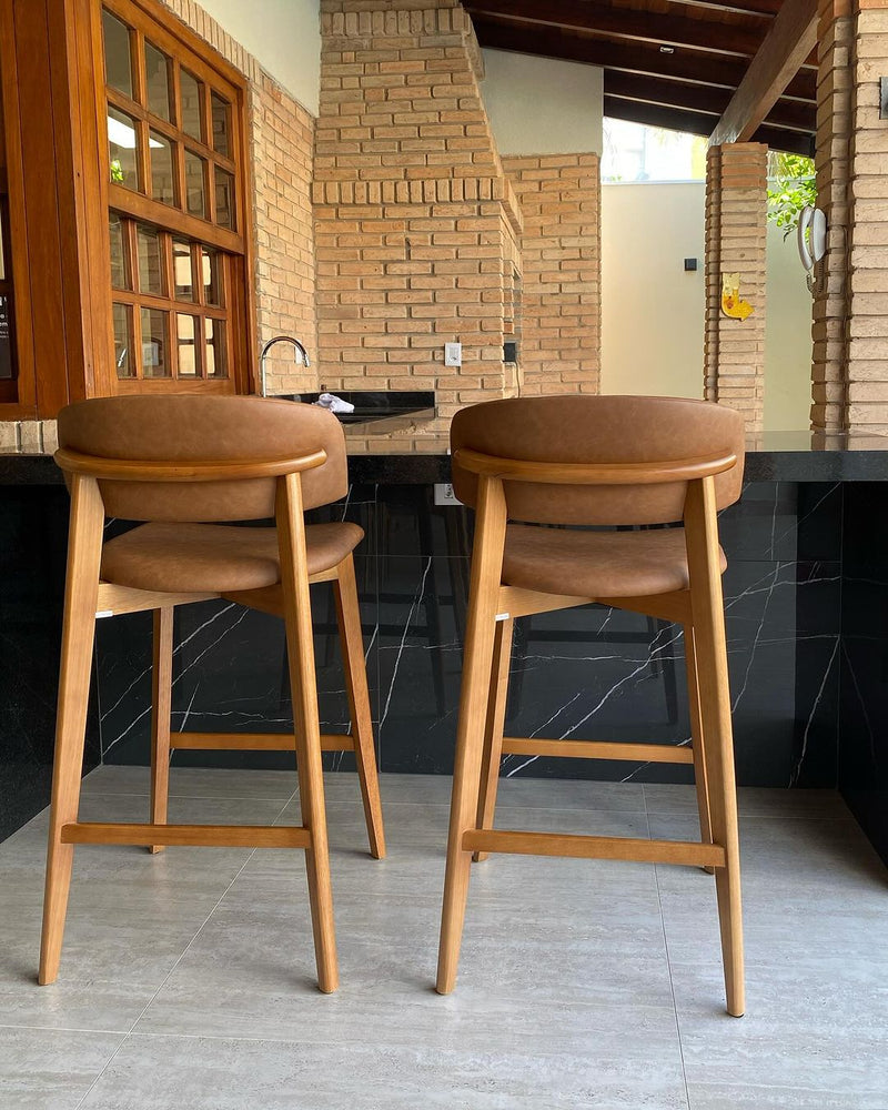 Monic Almond Wood Stool Upholstered Backrest and Seat in Leatherette Fabric 534