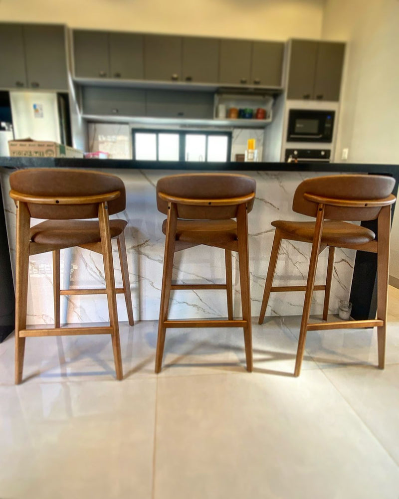 Monic Almond Wood Stool Upholstered Backrest and Seat in Leatherette Fabric 534