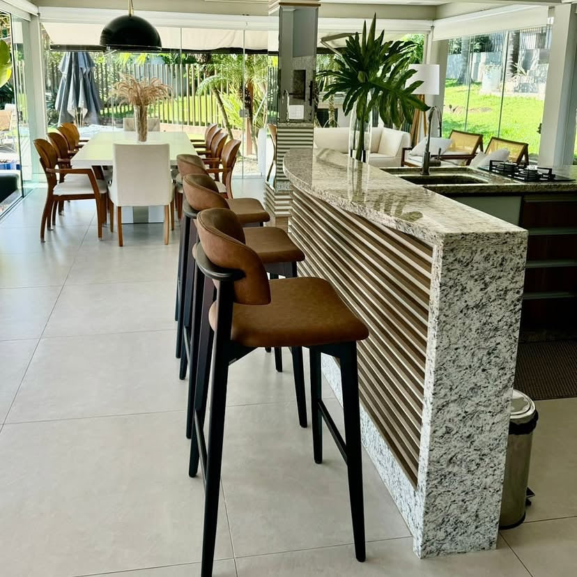 Monic Almond Wood Stool Upholstered Backrest and Seat in Leatherette Fabric 534