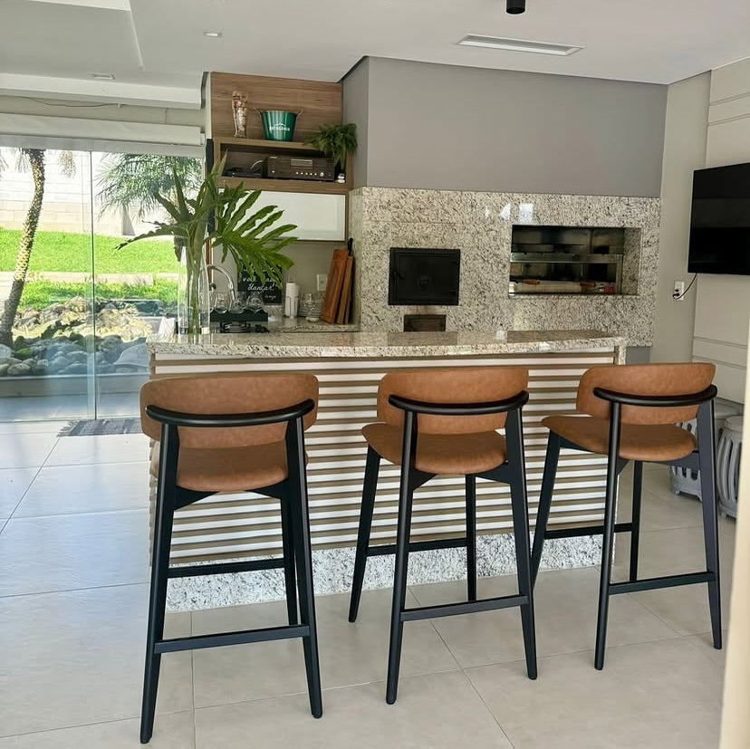 Monic Almond Wood Stool Upholstered Backrest and Seat in Leatherette Fabric 534