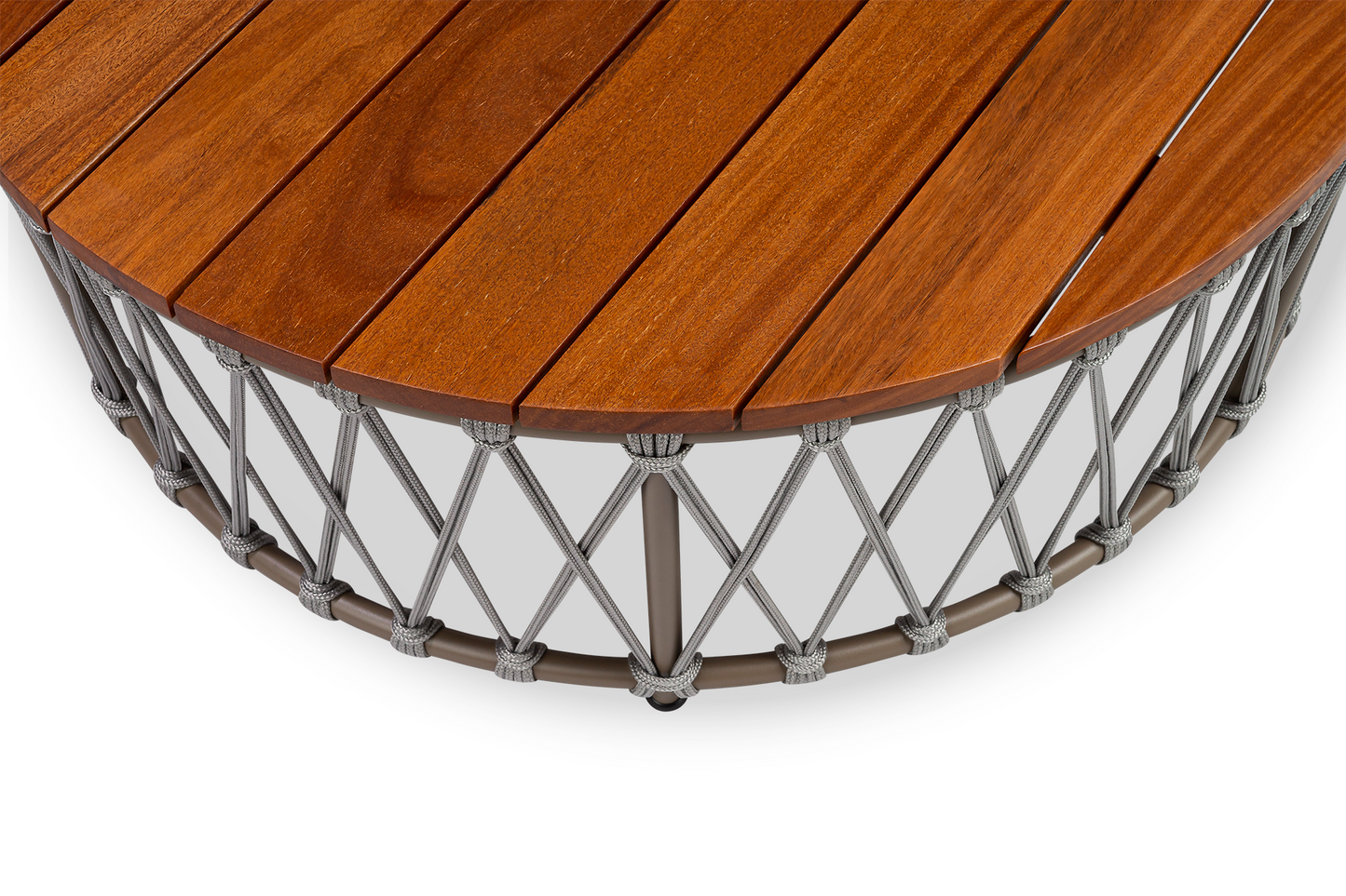 Mesa De Centro Sun 90cm Tampo Ripado Em Madeira Maciça Base Alumínio Cor Fendi e Corda Náutica Cor Cinza