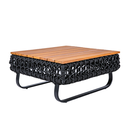 Veneza Coffee Table with Wood Top, Aluminum, Black Color and Nautical Rope, Black Color