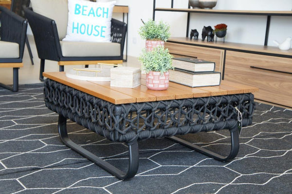 Ambiente 2 com Veneza Coffee Table with Wood Top, Aluminum, Black Color and Nautical Rope, Black Color