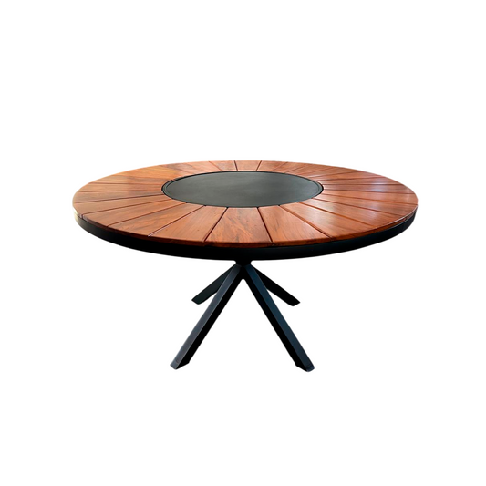 Mesa redonda Sophia 160 cm tapa de madera con placa giratoria base de aluminio negro