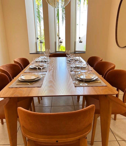 Tori Dining Table 240x110cm Chocolate Wood Base White Glass Top 50 Thin Corner