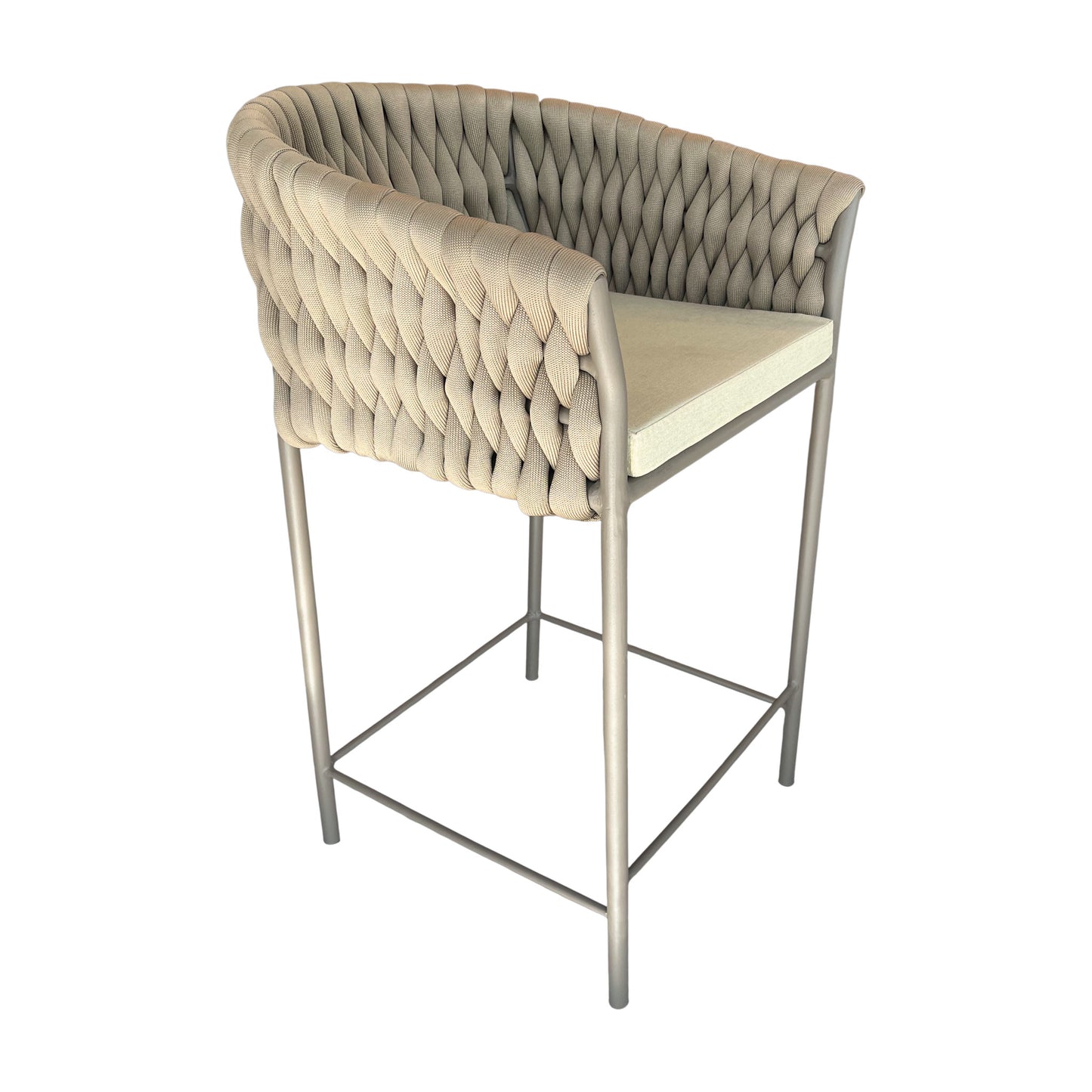 Taburete de Aluminio Panamá Color Beige Tejido Náutico Color Ramio Asiento Tapizado Tela Copacabana Beige y Marfil | Toth Móveis