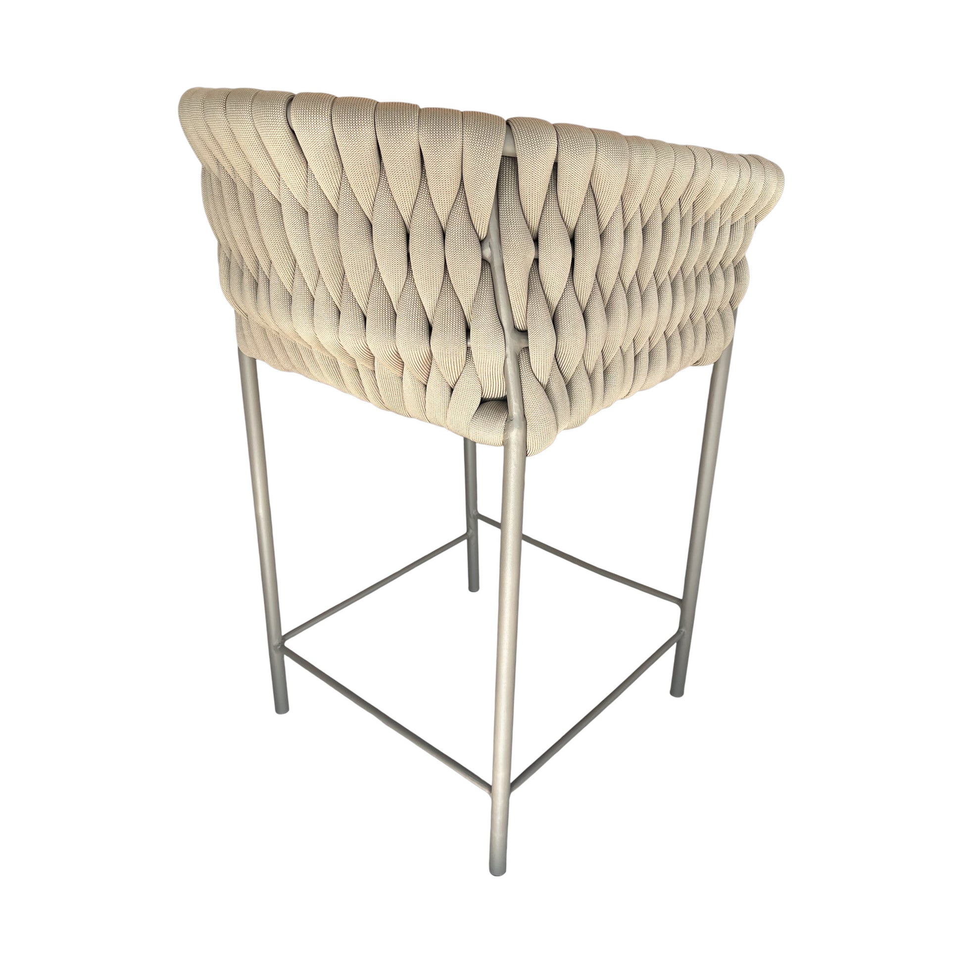 Taburete de Aluminio Panamá Color Beige Tejido Náutico Color Ramio Asiento Tapizado Tela Copacabana Beige y Marfil