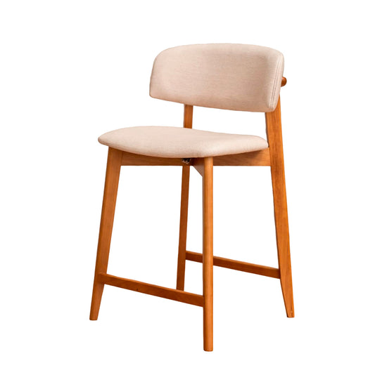 Taburete Monic de Madera de Almendro con Respaldo y Asiento Tapizado en Tela de Lino 407
