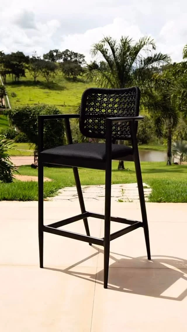 Banqueta Ravena Alumínio Preto Corda Náutica Preta Assento Tecido Quaker Preto