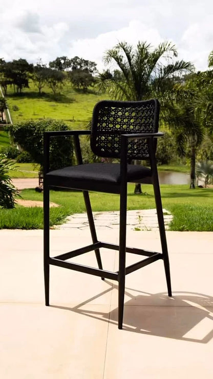 Banqueta Ravena Alumínio Preto Corda Náutica Preta Assento Tecido Quaker Preto
