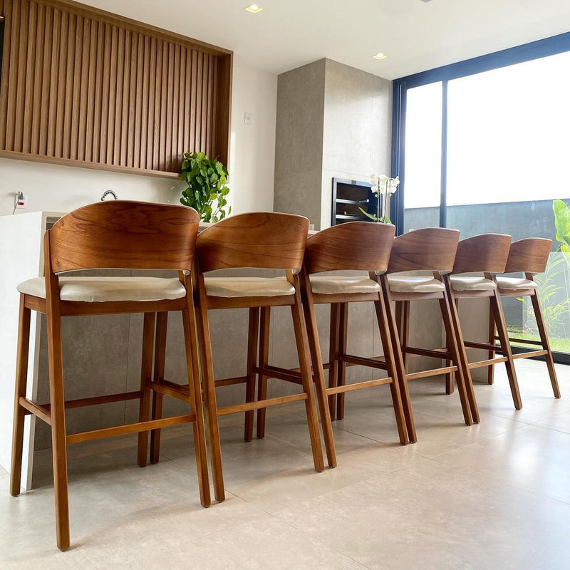 Porto Wooden Stool Upholstered Seat Linen Fabric Beige 001A