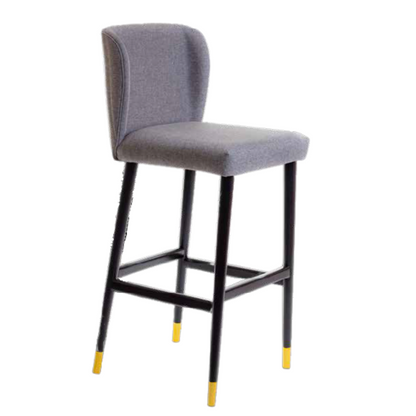 Moana Stool in Black Lacquer Wood with Gray Linen Upholstered Seat