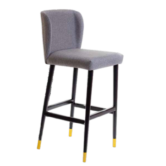 Moana Stool in Black Lacquer Wood with Gray Linen Upholstered Seat