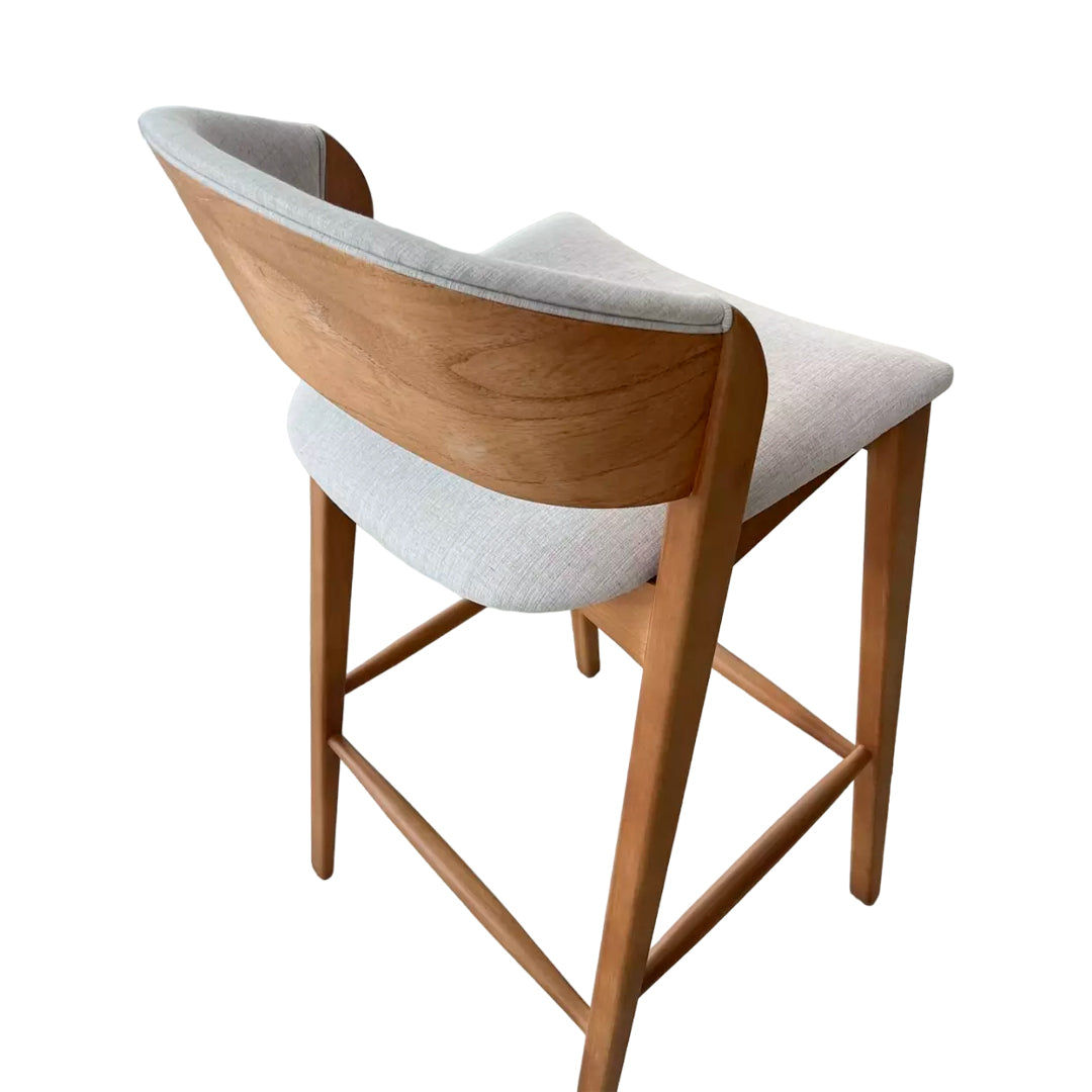 Porto Wooden Stool Upholstered Seat Linen Fabric Beige 001A