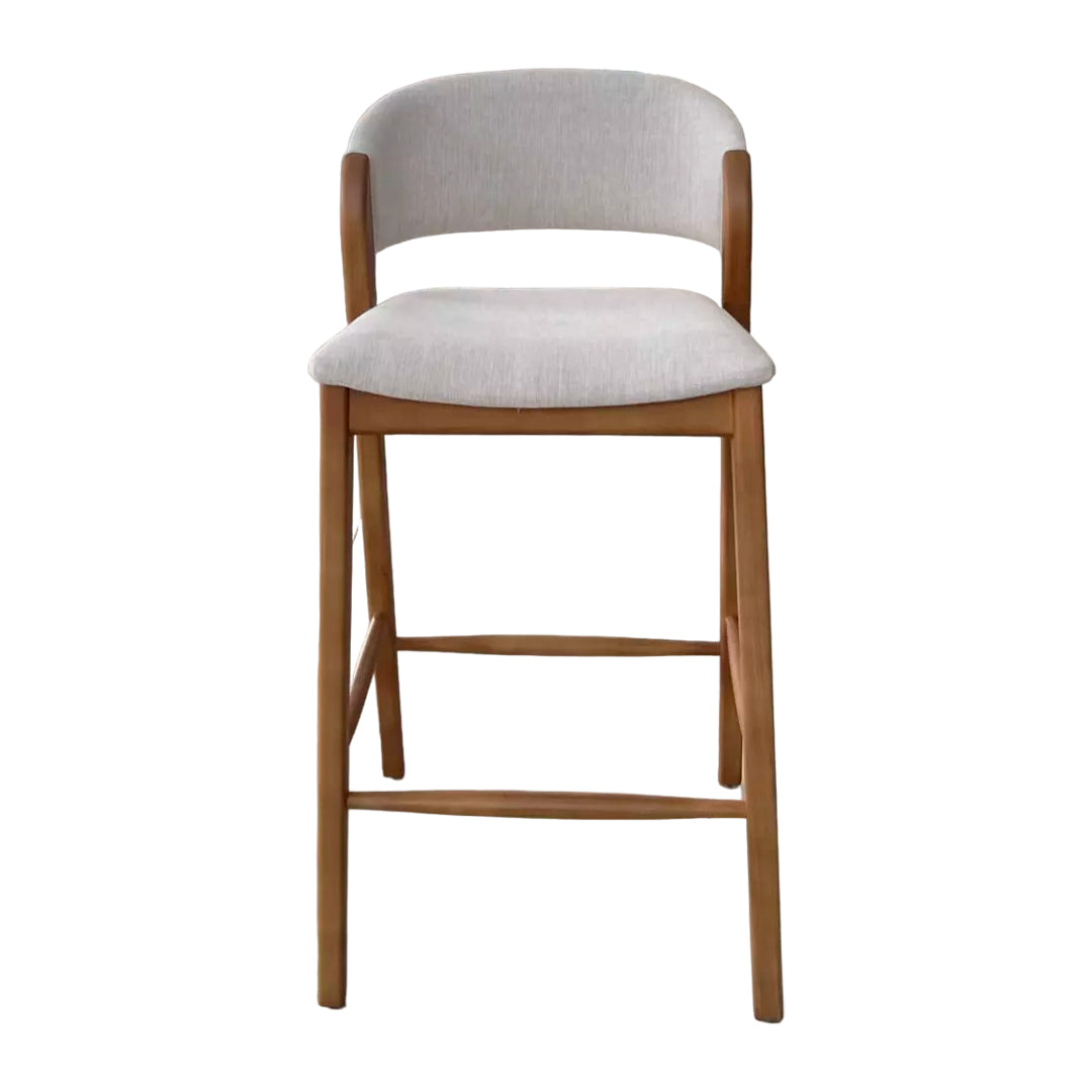 Porto Wooden Stool Upholstered Seat Linen Fabric Beige 001A