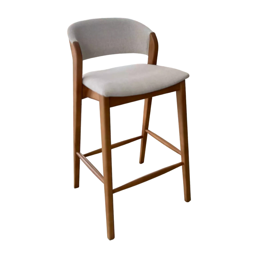 Porto Wooden Stool Upholstered Seat Linen Fabric Beige 001A
